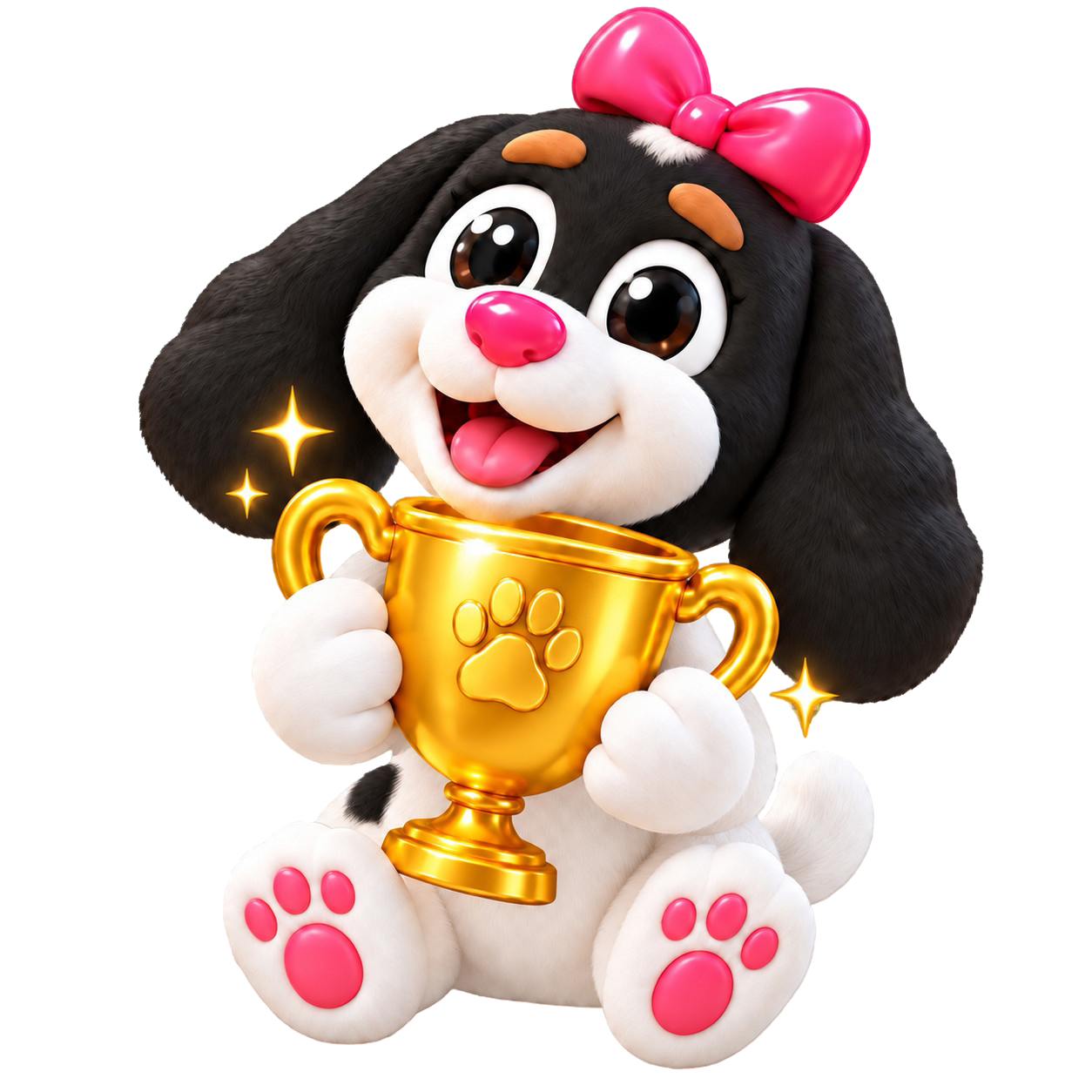 Ruby proudly holding a golden paw-print trophy
